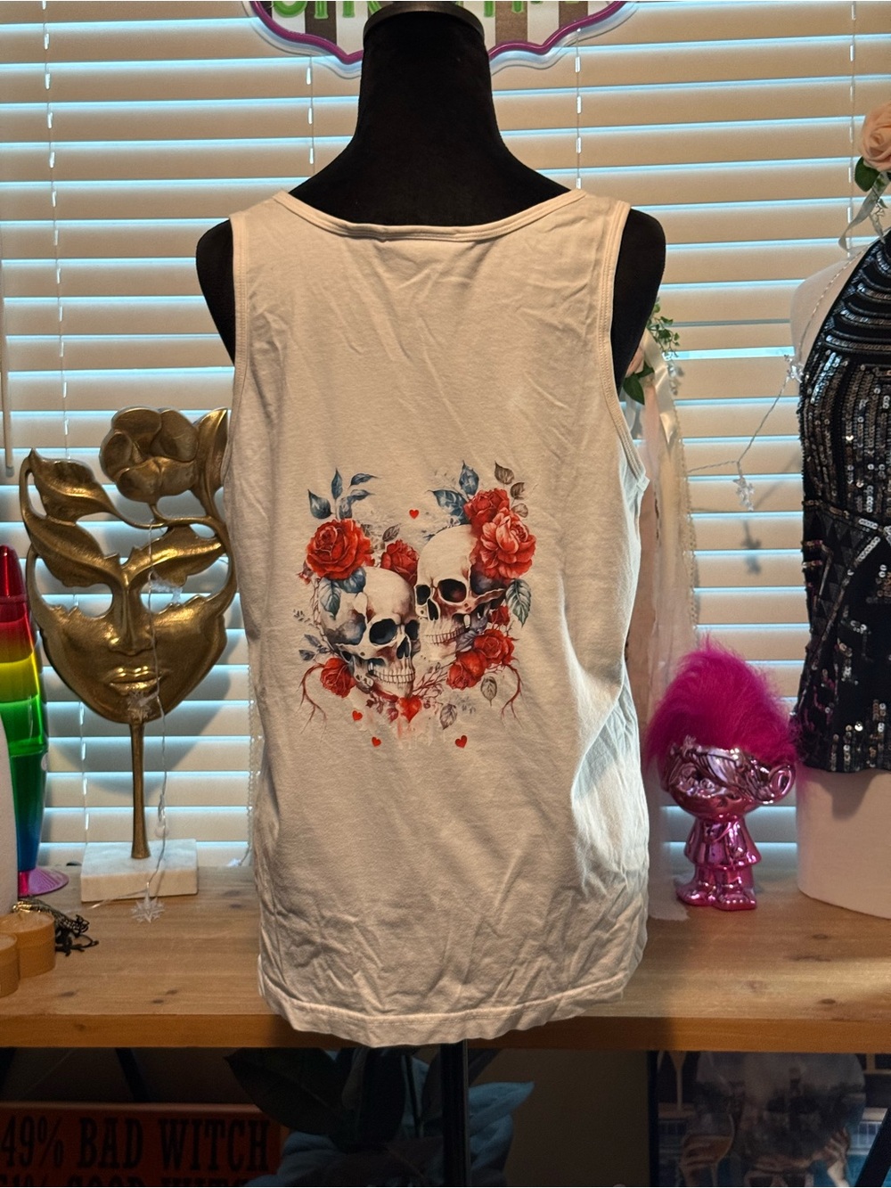 Upcycled Vans Tank Top with Red Rose & Skull Graphic